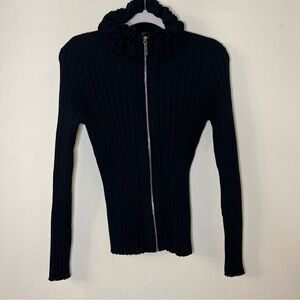 Black Ruffled Women's Fitted‎ Ribbed Cardigan Sweater